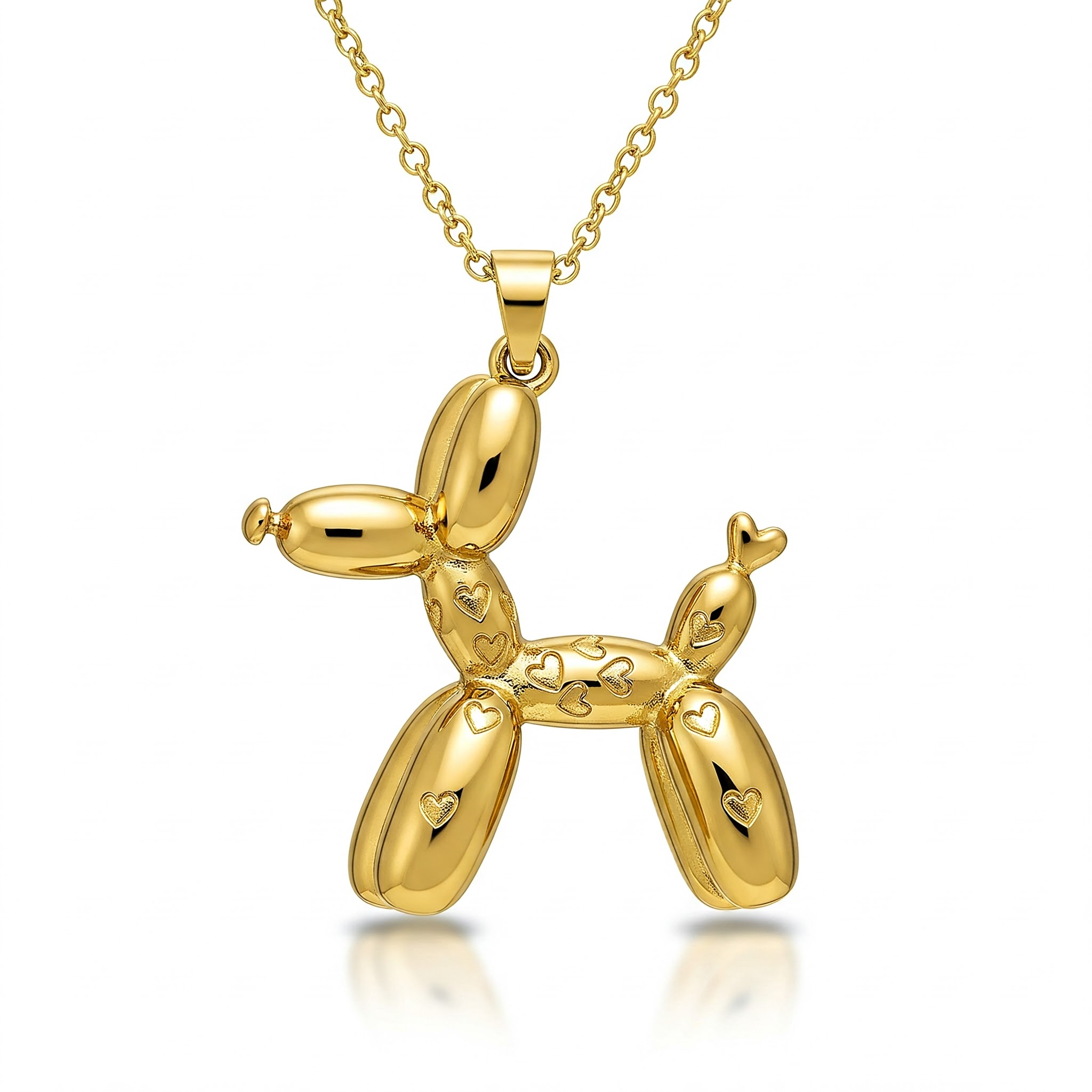 Gold Balloon Dog Pendant Necklace with Heart Engravings